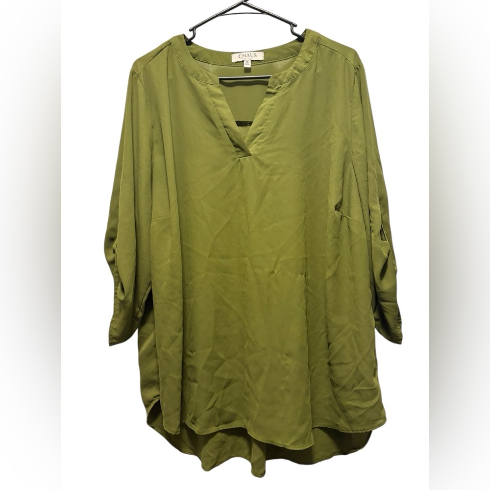 EUC CHAUS NY 2X Womens Blouse Tunic Sage Olive Green  V-Neck Roll Tab Sleeve
